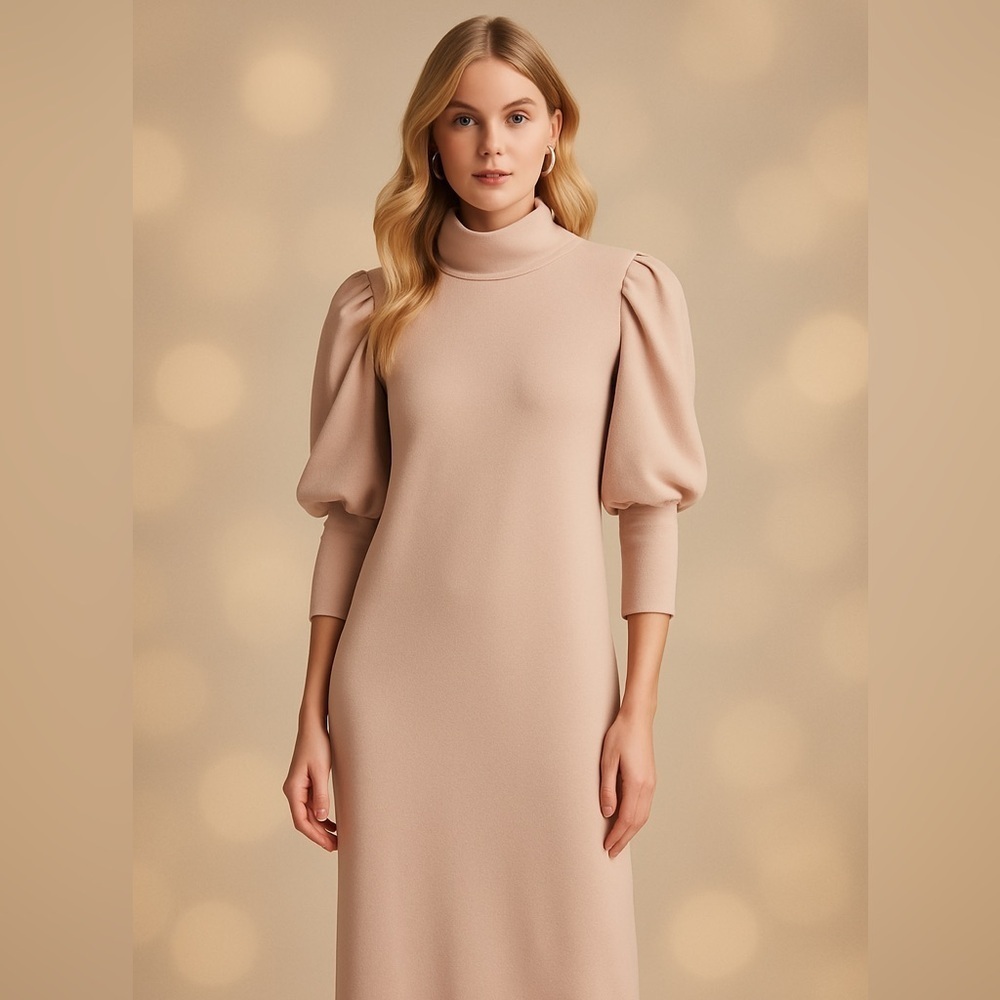 ZARA Puff Sleeve Mock Neck Midi Dress
